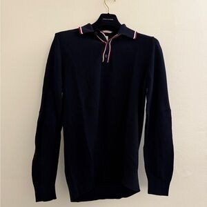 Zara Men's Navy Long Sleeve Knit Polo with Red and White Trim
